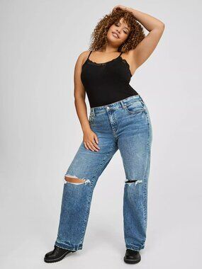 Torrid Perfect Wide Leg Mid Rise Piece Of Cake Frayed Knee Denim Jeans Pants 22R